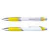A pen with a white barrel and yellow grip, featuring a silver clip and tip.
