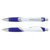 A blue and white plastic pen with a silver clip and grip, featuring a branding logo.
