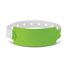 A bright green plastic event wristband with a secure fastener and multiple holes for size adjustment.