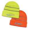 A pair of high-visibility beanies in fluorescent yellow and orange, each featuring a logo.