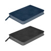 A small notebook in navy blue and black, featuring a smooth cover and a ribbon bookmark. It has a logo on the cover.