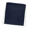 A navy cotton drawstring backpack with white drawstrings and a plain design. It features a branding logo.