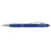 A blue stylus pen with a silver clip and a smooth finish, featuring a logo on its body.