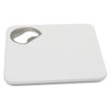 A drink bottle opener in white, designed as a square coaster with a built-in bottle opener and a logo.