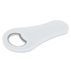 A drink bottle opener featuring a smooth, white exterior with a metal opening for caps and a logo on the side.