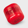 A bright red lip balm ball with a rounded shape and a logo on its surface.