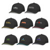A collection of black caps featuring various logos and branding, each with distinct coloured accents.
