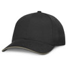 A black cap featuring a classic design with a curved brim and an adjustable strap.