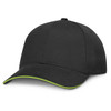 A black cap with a contrasting green trim.