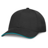 A black cap with a curved brim and contrasting turquoise trim along the edge.