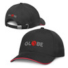 A black cap with a contrasting red trim and a logo on the front. Features an adjustable strap at the back.