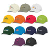 A collection of caps in various colours, each featuring a different logo on the front.