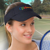 A sun visor featuring the logo of CPX Interactive in multi-colored text on the front, designed for outdoor use.