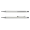 A silver metal pen with a sleek design and a clip, featuring a transparent section on the barrel.