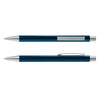 A metal pen with a deep blue finish and silver accents, featuring a clip and a sleek design.