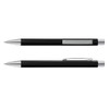 A black metal pen with silver accents, featuring a sleek design and a clip on the side.