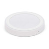 A wireless charger in a sleek, round design with a smooth white finish. The charger features an LED indicator light.