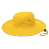 A yellow wide-brim hat with a drawstring, featuring a simple design and air vents.