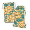 A patterned cotton gift bag in blue, orange, and yellow with a drawstring closure. It features a logo.