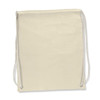 A drawstring backpack in a neutral beige color with matching cords for closure.
