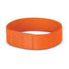 An orange wristband designed for events, featuring a secure fastening mechanism.