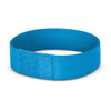 A blue wristband with a smooth finish and a branding logo, designed for events and exhibitions.