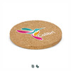 A round cork coaster in a natural colour featuring a colourful hummingbird logo.