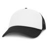 A trucker cap featuring a white front and a black mesh back. The cap has a curved brim and a structured design.