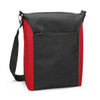 A cooler bag with a black front and red sides, featuring a shoulder strap and a front pocket.
