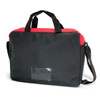A black and red conference satchel with handles and a shoulder strap, featuring a clear ID window.