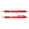 A set of red translucent plastic pens featuring silver accents and a clip, displayed side by side.
