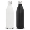 A drink bottle featuring a sleek design, available in white and black, with a stainless steel cap and base.
