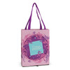 A pink tote bag featuring a floral design with purple accents and sturdy purple handles. It has a logo on the front.