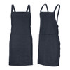 A dark blue denim bib apron with a front pocket and adjustable straps featured from two angles.