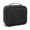 A black cooler bag features a zippered main compartment and a front pocket, with a handle on top for easy carrying.