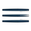 A blue metal rolling ball pen with a sleek design and silver accents, featuring a clip and branding.