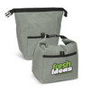 A green lunch cooler with a strong handle and a pocket, featuring a logo on one side.