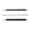 A set of three metal pens in olive green, white, and black, featuring silver accents and a branding logo.