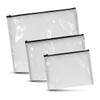 A set of three transparent cosmetic bags in varying sizes, each with a black zipper.
