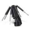 A black multi-tool featuring multiple screwdriver heads folding out from a central handle, with a compact design.