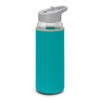 A drink bottle with a turquoise neoprene sleeve and a grey lid, featuring a clear glass body and a spout.