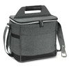 A green cooler bag with a top handle, adjustable strap, and a bottle opener attachment. It has a logo on the front.