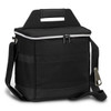 A black cooler bag with a zippered top, a carry handle, and a detachable shoulder strap. It features a logo on the front.