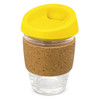 A drink bottle with a cork band and a yellow lid, featuring a clear glass body.