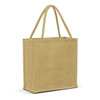 A jute tote bag in a natural beige color with sturdy handles and a simple rectangular design.