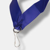 A blue ribbon lanyard with a metal clip, featuring a smooth satin-like finish and a simple design.