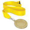 A podium medal with a shiny gold finish, accompanied by a bright yellow ribbon for wearing around the neck.