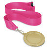 A gold podium medal with a smooth, blank surface and a vibrant pink ribbon attached for wearing.