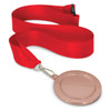 A podium medal with a 65mm diameter, featuring a shiny rose gold finish, attached to a red ribbon.