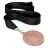 A podium medal with a 65mm diameter, featuring a shiny rose-gold finish, attached to a black satin ribbon with a clip.